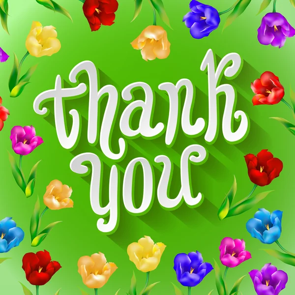 ¡Gracias! Tarjeta de dibujos animados brillante hecha de flores y mariposas. Fondo floral en colores veraniegos — Vector de stock