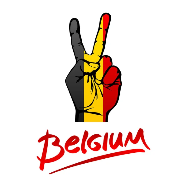 Fatto a mano il segno V, bandiera belga dipinta come simbolo di vittoria, vittoria, successo isolato su sfondo bianco. iscrizione scritta a mano Belgio rosso — Vettoriale Stock