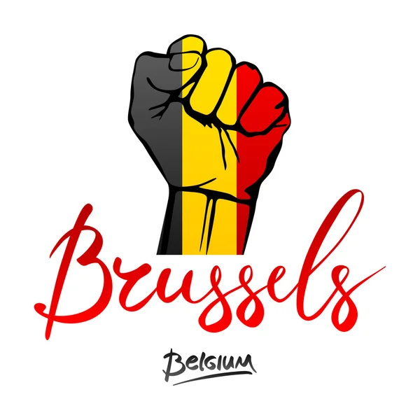 Pięść Belgia bandery malowane, pojęcie celu multi - na białym na białym tle. literowanie odręcznie Belgia, Brussele. — Wektor stockowy
