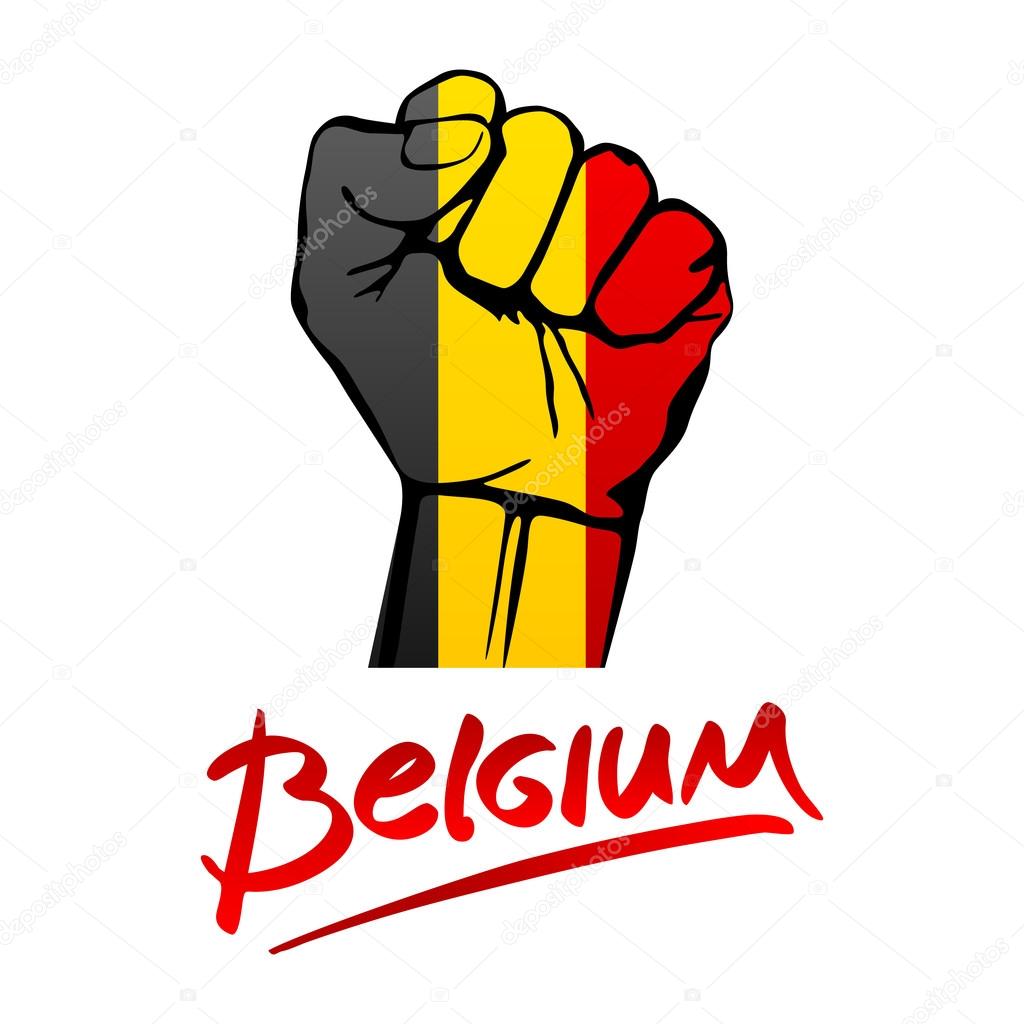 Fist of Belgium flag painted, multi purpose concept - isolated on white background. lettering hand-written Belgium red