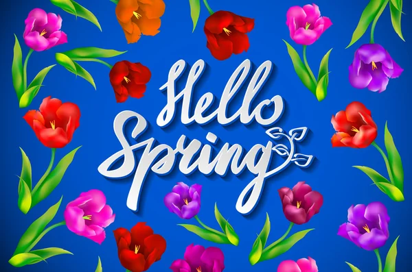 Свіжий синій фон Hello Spring з білим текстом і зеленим листям на сяючому закінченому синьому квадратному фоні, Векторні ілюстрації . — стоковий вектор