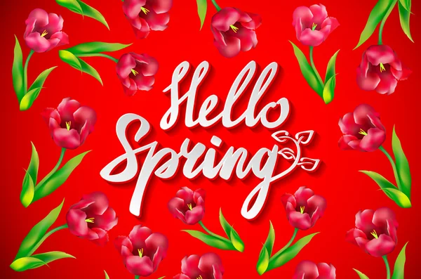 こんにちは春のフレーズベクトルレタリング。手描きの書道、赤い背景。チューリップ — ストックベクタ