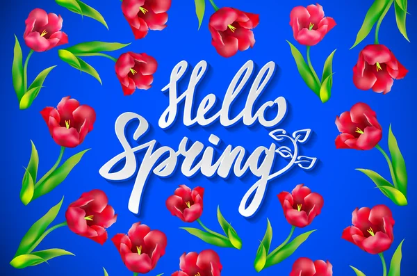 Verse blauwe Hello Spring achtergrond met vloeiende witte tekst en groene bladeren over een gloeiende gegradueerde blauwe vierkante achtergrond, vector illustratie. — Stockvector