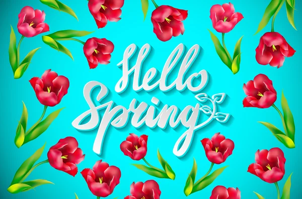 Fond floral vectoriel coloré contrastant avec des brins floraux avec des papillons et les mots Bonjour printemps sur fond turquoise — Image vectorielle