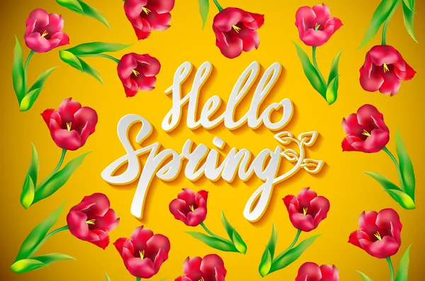 Olá Primavera Poster Design em Realista Colorido Vetor Flores Fundo com Vines para a Primavera Temporada. Arte de ilustração vetorial —  Vetores de Stock