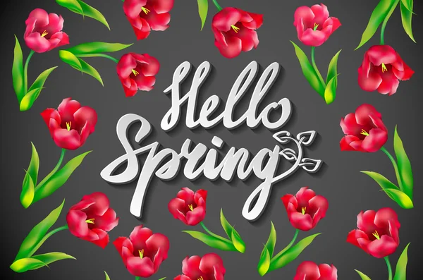Kréta tavaszi sablon. Hello tavasz! Tavaszi virágok ágak a táblára háttérben. Vektoros kártya sablonja. A szöveg középre helyezhetjük a. — Stock Vector