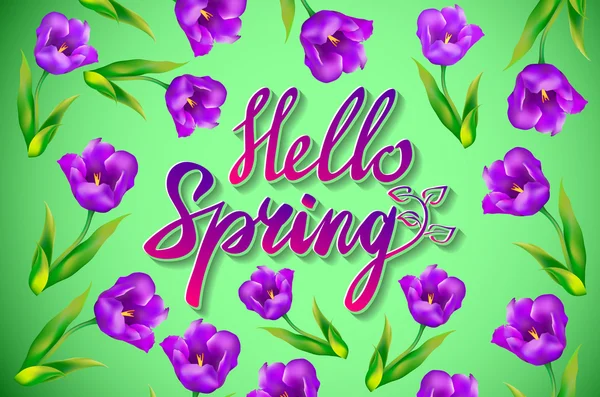 Hello Spring Vector Design avec des plantes fraîches réalistes en 3D et des éléments de fleurs pour la saison printanière. Illustration vectorielle — Image vectorielle