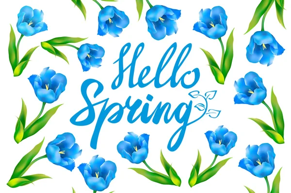 Hallo lente wenskaart. Hand getekende illustratie met hout achtergrond effect. Hand getekende bloem krans en hand getekende belettering. — Stockvector