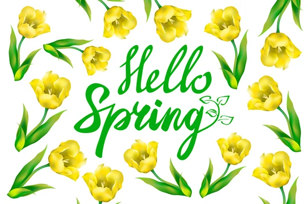 Ramo de tulipanes amarillo sobre fondo blanco con texto personalizado Hello Spring. Ilustración vectorial . — Archivo Imágenes Vectoriales