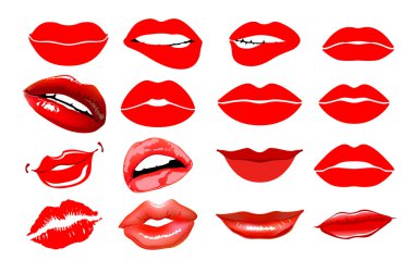 Dudaklar hazır. tasarım öğesi. Kadının dudak hareketleri ayarlandı. Kız ağızları farklı duyguları ifade kırmızı ruj makyaj ile kapatın. Eps10 vektörü.