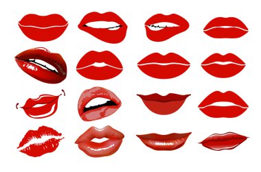 Set of 16 glamour lips, with vinous lipstick colors. collage, lips. Set of isolated women lips on light background. Vector illustration. Lips set. design element. Woman's lip gestures set. Girl mouths clipart
