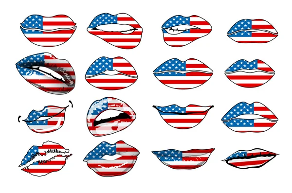 Flags of the USA in sensuality lips set women vector. america — Stock Vector