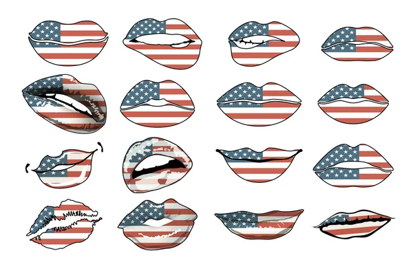 Flags of the USA in sensuality lips set women vector. america — Stock Vector