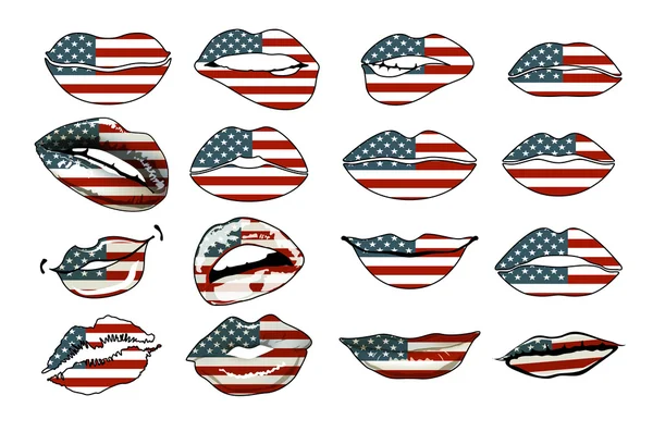 Flags of the USA in sensuality lips set women vector. america — Stock Vector