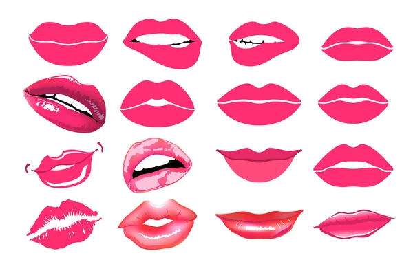 Collage, pink lips. Set of isolated women lips on light background. Vector illustration. Lips set. design element. Woman's lip gestures set. Girl mouths close up with red lipstick makeup expressing di — Stock Vector