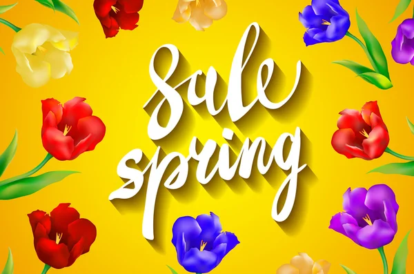 Vermelho, azul, roxo, tulipa amarela buquê de flores da primavera para venda. Ilustração vetorial . —  Vetores de Stock