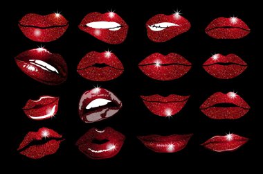 16 glamour dudakları, vinous ruj renkleri ile kümesi. Vektör çizim. öğe. Kadının dudak hareketleri ayarlayın. Kız ağız farklı duygular ifade kırmızı ruj makyaj ile kapatın. Eps10 vektör.