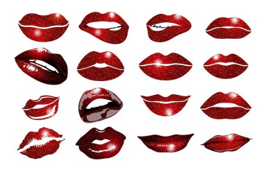 16 glamour dudakları, vinous ruj renkleri ile kümesi. Vektör çizim. öğe. Kadının dudak hareketleri ayarlayın. Kız ağız farklı duygular ifade kırmızı ruj makyaj ile kapatın. Eps10 vektör.