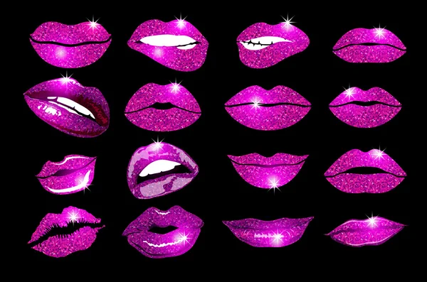 Collage, roze lippen set. Ontwerp glitter element. — Stockvector