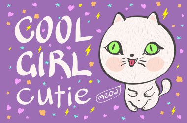 Kız tatlı küçük beyaz kedi vektör çizim serin