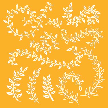 Sonbahar yaprağı seti. Çelenk ve defne ayarlayın. El boyalı turuncu dalları, yaprakları, yaprak, taç yaprağı dekor elemanları. Tasarım şablonu için, davet. El çizilmiş fırçalar doku. Doğa, organik maddeler. Vektör