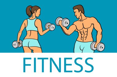 Fitness kaslı erkek ve kadın siluetleri ile. Erkek ve kadın tutan dambıl. Vektör çizim