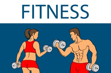 Fitness kaslı erkek ve kadın siluetleri ile. Erkek ve kadın tutan dambıl. Vektör çizim