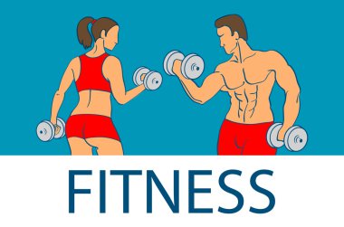 Fitness kaslı erkek ve kadın siluetleri ile. Erkek ve kadın tutan dambıl. Vektör çizim