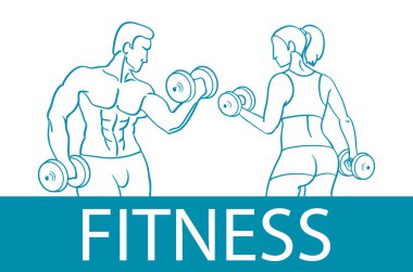Fitness kaslı erkek ve kadın siluetleri ile. Erkek ve kadın tutan dambıl. Vektör çizim