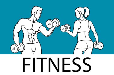 Fitness kaslı erkek ve kadın siluetleri ile. Erkek ve kadın tutan dambıl. Vektör çizim