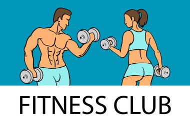 Man and woman Fitness template. Gym club logotype. Sport Fitness club creative concept. Bodybuilder and woman Fitness Model Illustration, Sign, Symbol, badge.
