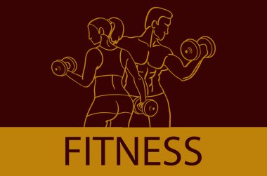 Fitness kaslı erkek ve kadın siluetleri ile. Erkek ve kadın tutan dambıl. Vektör çizim