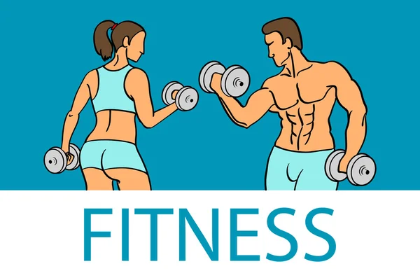 Fitness con siluetas musculosas de hombre y mujer. Hombre y mujer sostienen pesas. Ilustración vectorial — Archivo Imágenes Vectoriales