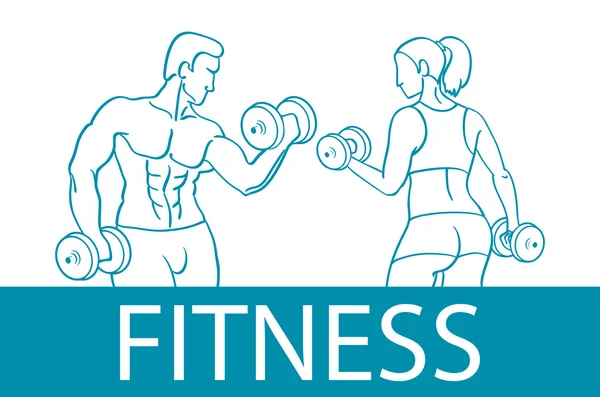 Fitness with muscled man and woman silhouettes. Man and woman holds dumbbells. Vector illustration — Stock Vector