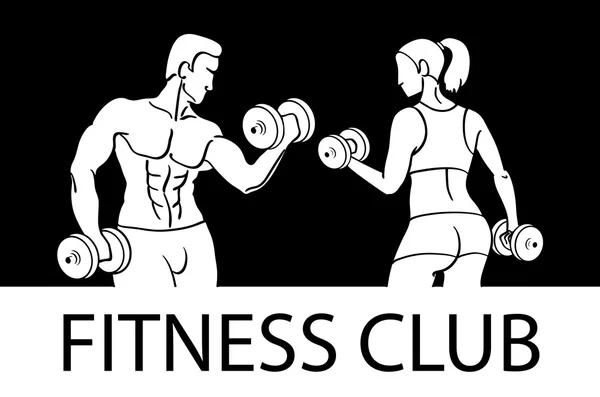 Man and woman Fitness template. Gym club logotype. Sport Fitness club creative concept. Bodybuilder and woman Fitness Model Illustration, Sign, Symbol, badge. — Stock Vector