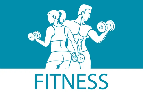 Fitness con siluetas musculosas de hombre y mujer. Hombre y mujer sostienen pesas. Ilustración vectorial — Archivo Imágenes Vectoriales