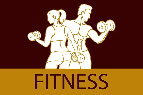 Fitness met gespierde man en vrouw silhouetten. Man en vrouw houdt halters. Vectorillustratie — Stockvector