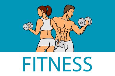 Fitness kaslı erkek ve kadın siluetleri ile. Erkek ve kadın tutan dambıl. Vektör çizim
