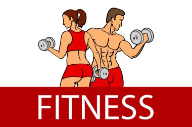 Fitness kaslı erkek ve kadın siluetleri ile. Erkek ve kadın tutan dambıl. Vektör çizim