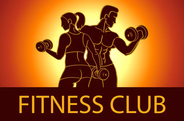 Man and woman Fitness template. Gym club logotype. Sport Fitness club creative concept. Bodybuilder and woman Fitness Model Illustration, Sign, Symbol, badge. — Stock Vector