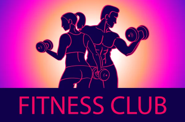 Man and woman Fitness template. Gym club logotype. Sport Fitness club creative concept. Bodybuilder and woman Fitness Model Illustration, Sign, Symbol, badge. — Stockvector