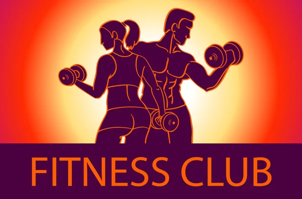 Man and woman Fitness template. Gym club logotype. Sport Fitness club creative concept. Bodybuilder and woman Fitness Model Illustration, Sign, Symbol, badge. — Stok Vektör