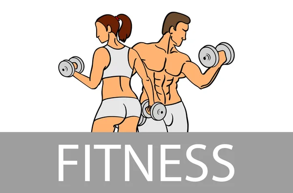 Fitness con siluetas musculosas de hombre y mujer. Hombre y mujer sostienen pesas. Ilustración vectorial — Vector de stock