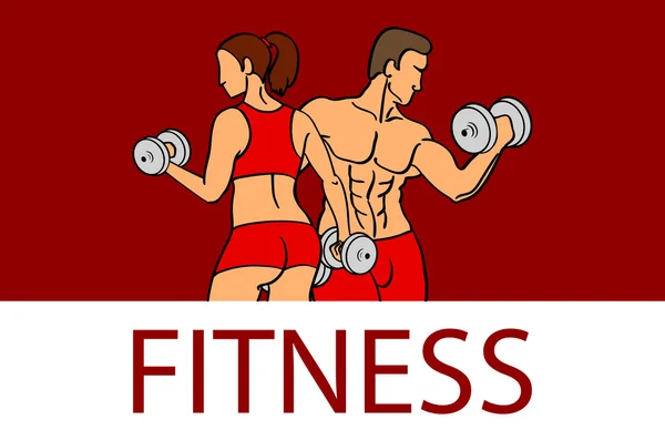 Fitness with muscled man and woman silhouettes. Man and woman holds dumbbells. Vector illustration — Stock Vector