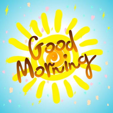 Günaydın kaligrafik yazıt ve doku ile beyaz bir arka plan üzerinde elle çizilmiş sarı güneş, illüstrasyon herhangi bir kullanım için uygundur