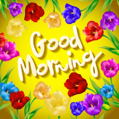 Çiçekli tebrik kartı. Vektör. El boyama. Yazıt. Günaydın