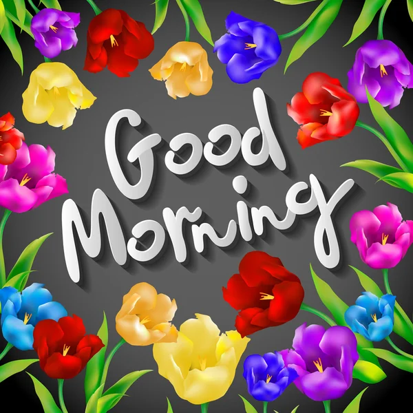 Günaydın yazısı. Sabah bir lale ile el çizilmiş ayarlayın. Çizim stili. Gri arka planda yalıtılmış.