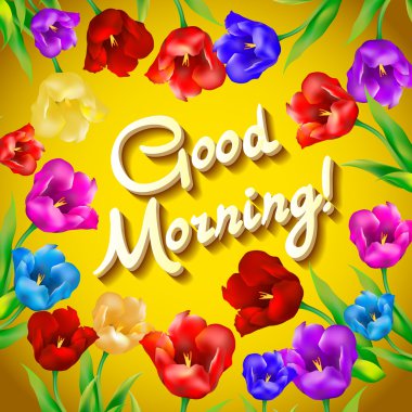 Çiçekli tebrik kartı. Vektör. El boyama. Yazıt. Günaydın