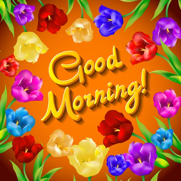 Selamat pagi. Vektor ilustrasi. Bunga tulip. latar belakang oranye - Stok Vektor