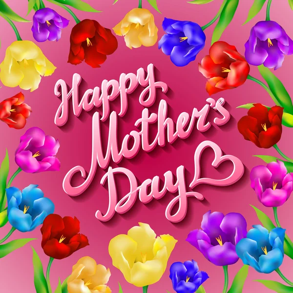Fundo tipográfico das mães felizes com um monte de flores de tulipas de primavera — Vetor de Stock